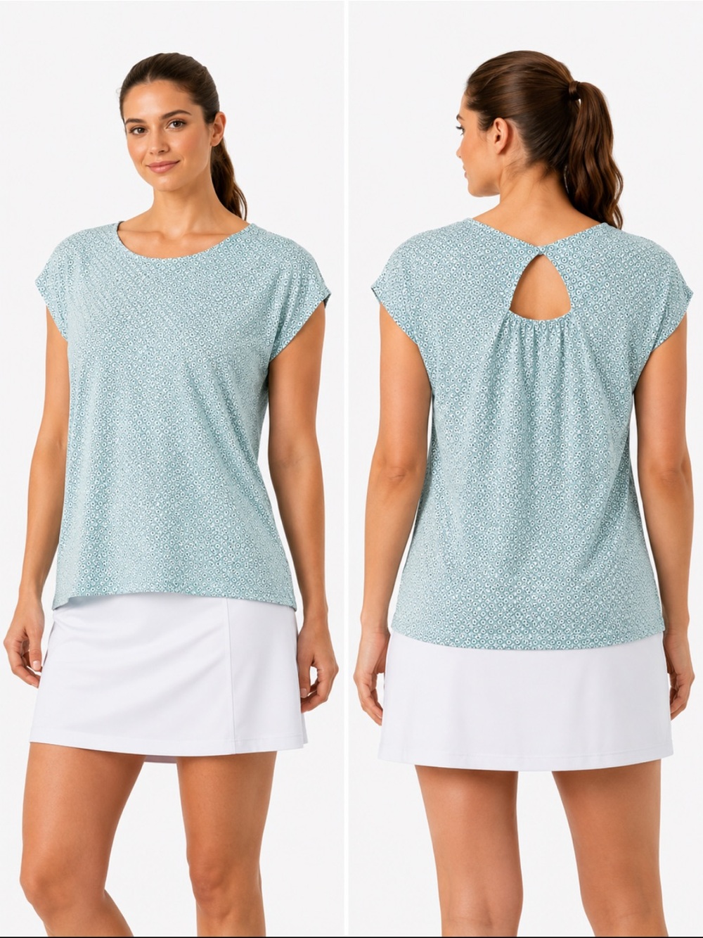 Talbots T Light Green Geometric Print Tee Petite LP 100% Cotton Keyhole Back Top